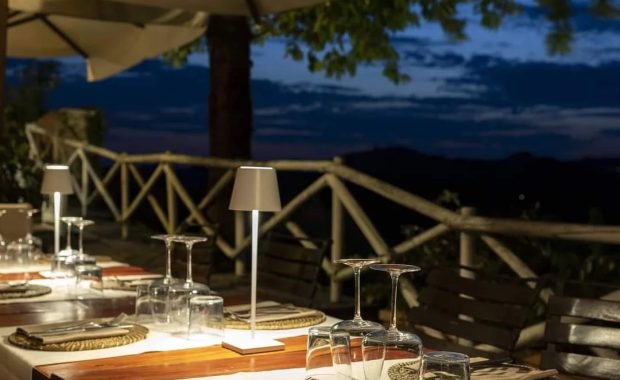 La Locando del Castello Restaurant Terrace, San Giovanni d'Asso, Tuscany.