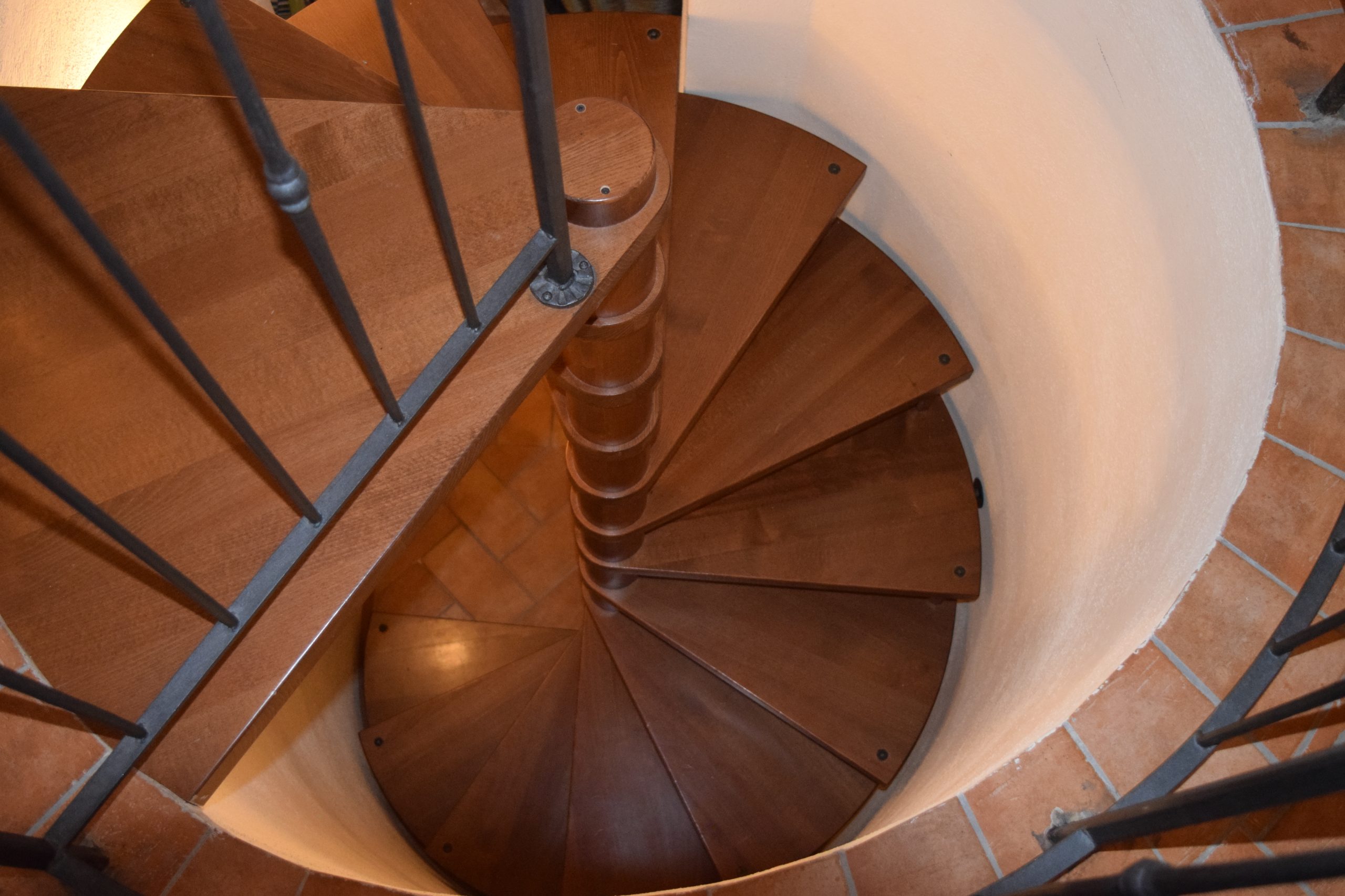 Interior spiral staircase to the Tower Bedroom at Villa Ampella La Torre in Montalcino.
